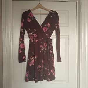 Chocolate Wrap Dress with Pink Roses